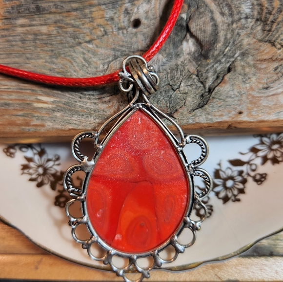 Esquisite, Vivid Red, Teardrop-Shape Fossil Coral Pendnt. Has A Victorian-Style - Picture 3 of 6